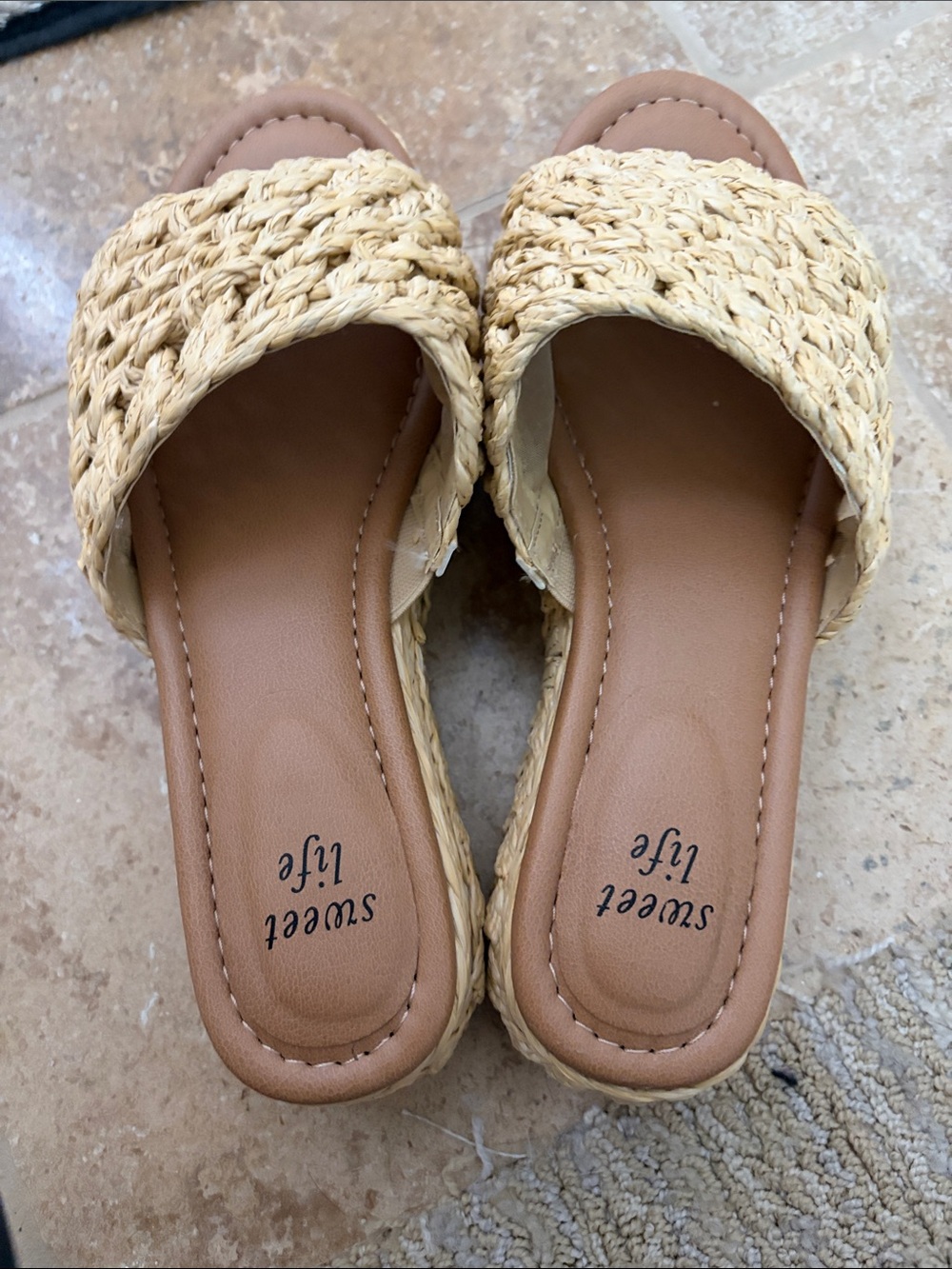 Sweet Life Raffia Platform Sandals Women's Tan Woven Slide Sandals